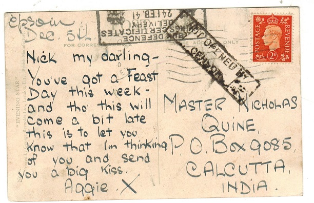 INDIA - 1941 inward postcard from UK with NOT OPENED BY CENSOR h/s.