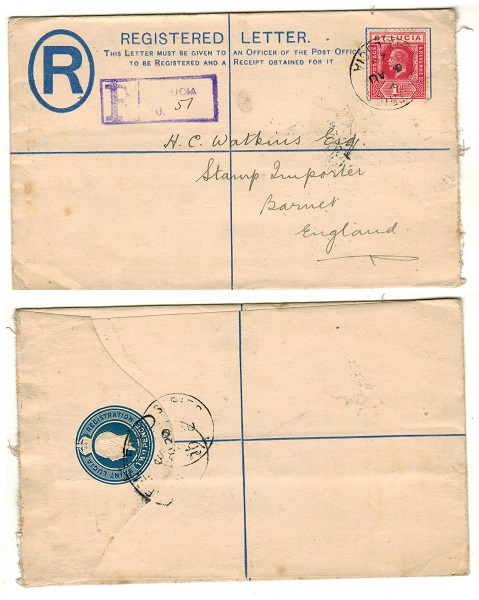 ST.LUCIA - 1912 2d blue RPSE uprated to UK at CASTRIES.  H&G 3.