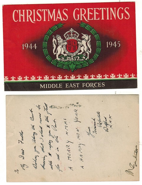 B.O.F.I.C. - 1944 CHRISTMAS GREETINGS postcard used by the military.
