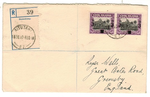 AITUTAKI - 1940 6d registered cover to UK with Cook Island adhesives used at AITUTAKI.