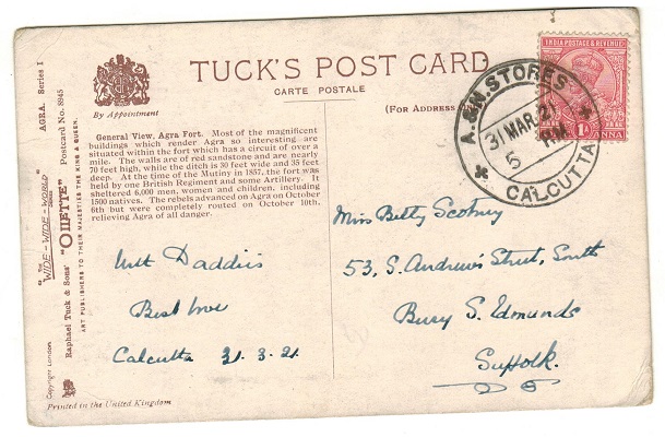 INDIA - 1921 1a rate postcard use to UK used at 