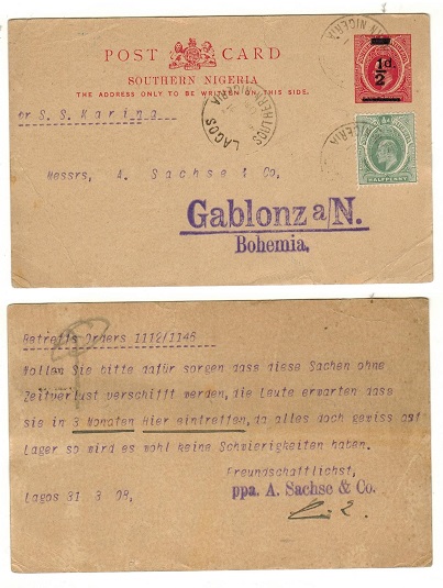 SOUTHERN NIGERIA - 1908 1/2d on 1d surcharge PSC uprated to Germany at LAGOS.  H&G 4.