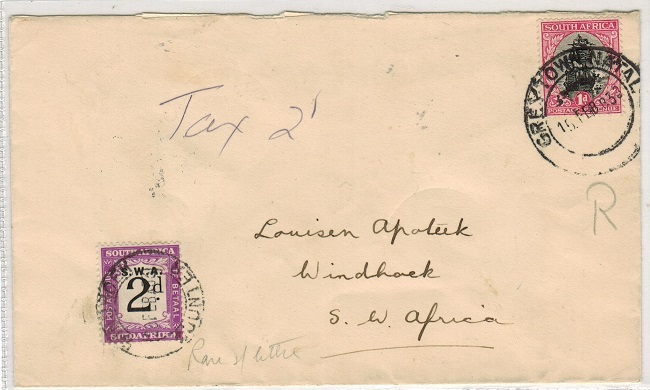 SOUTH WEST AFRICA - 1933 inward under paid cover from South Africa with 2d 