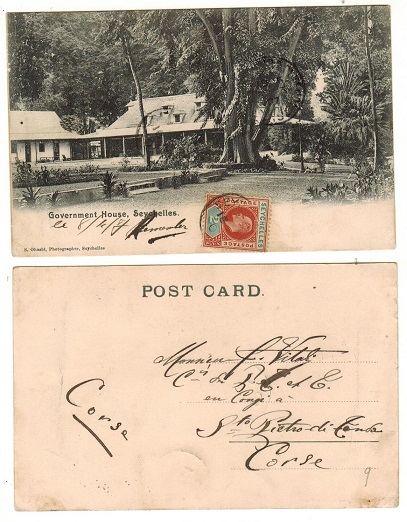 SEYCHELLES - 1907 2c rate postcard use to Corsica.