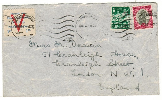 SOUTH AFRICA - 1941 1 1/2d rate cover to UK with 1d/HOME COMFORT patriotic label.