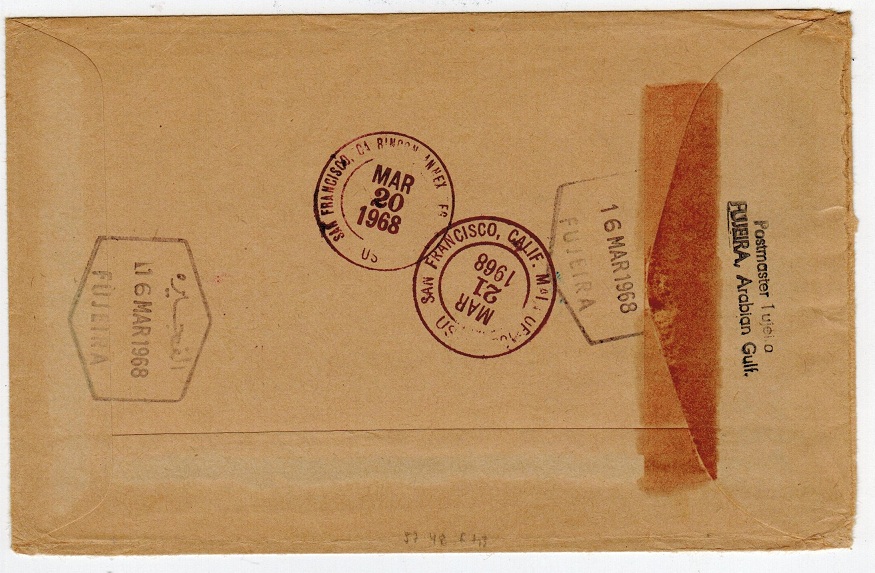 U.A.E. (Fujeira) - 1968 registered cover to USA cancelled by POSTAGE PAID h/s from FUJEIRA.