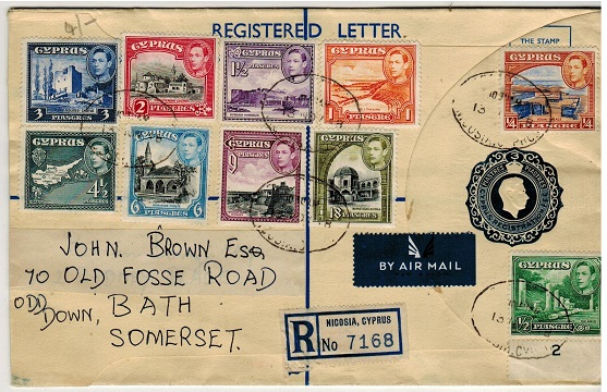 CYPRUS - 1943 3p dark blue RPSE multi franked to UK used at NICOSIA. H&G 13b.