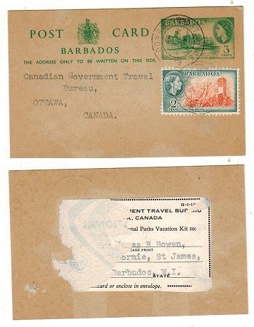 BARBADOS - 1959 3c green PSC uprated to Canada and used at ST.LAWRENCE. H&G 16.