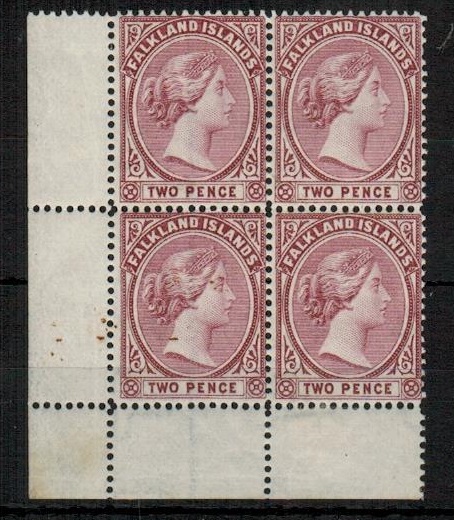 FALKLAND ISLANDS - 1891 2d pale purple in a fine mint corner marginal block of four.  SG 25.