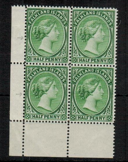 FALKLAND ISLANDS - 1891 1/2d green in a fine mint corner marginal block of four.  SG 16.