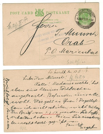 SOUTH WEST AFRICA - 1917 1/2d green censor use of South Africa PSC locally at LUDERITZBUCHT.