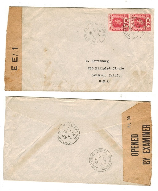 MAURITIUS - 1943 20c rate censored cover to USA used at BEAU BASSIN.