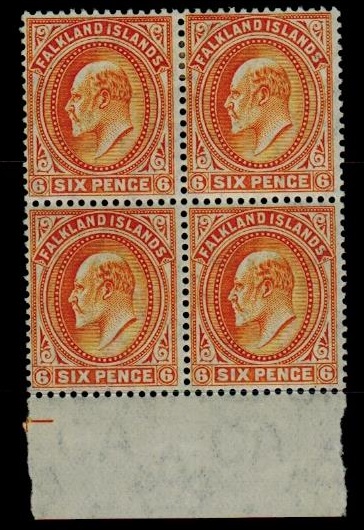 FALKLAND ISLANDS - 1904 6d orange fine mint marginal block of four.  SG 47.
