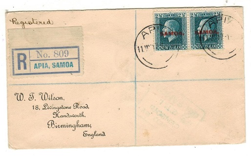 SAMOA - 1917 5d rate registered censored cover to UK.