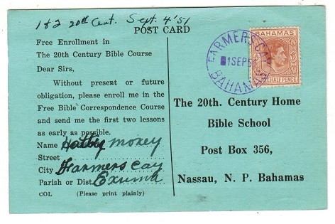 BAHAMAS - 1951 use of bible course card used at FARMERS CAY/BAHAMAS and struck in violet ink.
