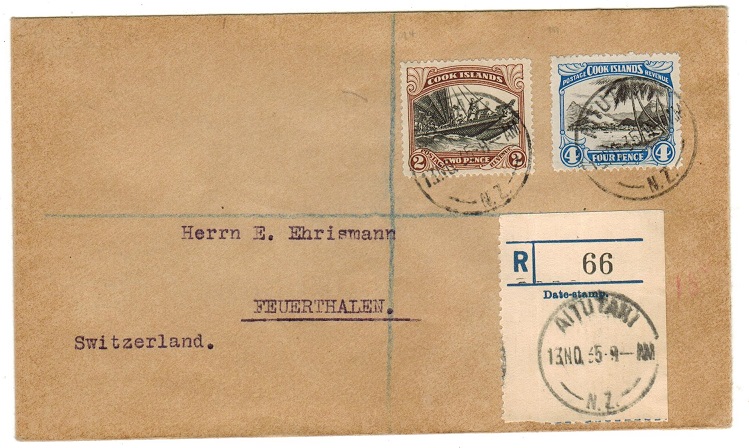 AITUTAKI - 1935 registered cover to Switzerland with Cook Island 2d + 4d used in AITUTAKI.