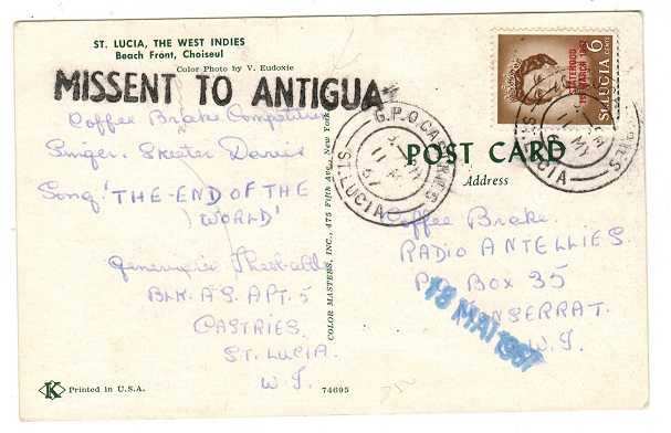 ANTIGUA - 1967 MISSENT TO ANTIGUA postcard.