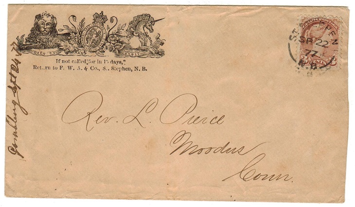 CANADA - 1877 3c cover to USA used at ST.STEPHEN/N.B.