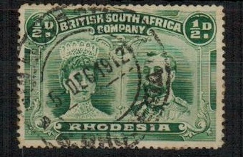 RHODESIA - 1910-13 1/2d blue green (Perf 15) 