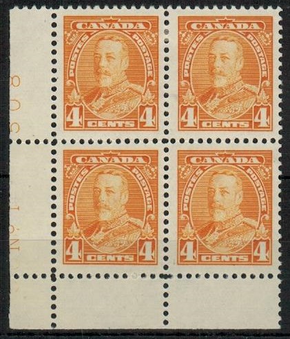 CANADA - 1935 4c yellow fine mint plate No.1/508  block of four.  SG 344.
