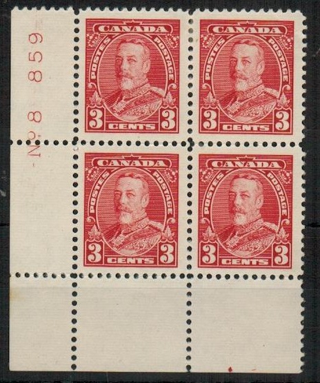 CANADA - 1935 3c scarlet fine mint plate No.8/859  block of four.  SG 343.
