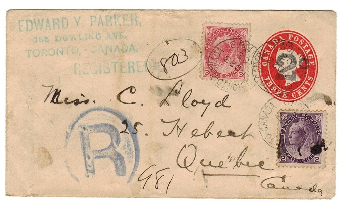 CANADA - 1899 2c on 3c red PSE uprated and registered to Quebec used at TORONOTO.  H&G 13.