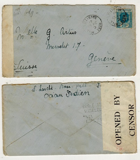 MAURITIUS - 1941 20c rate censored cover to Switzerland used at ROSE HILL.