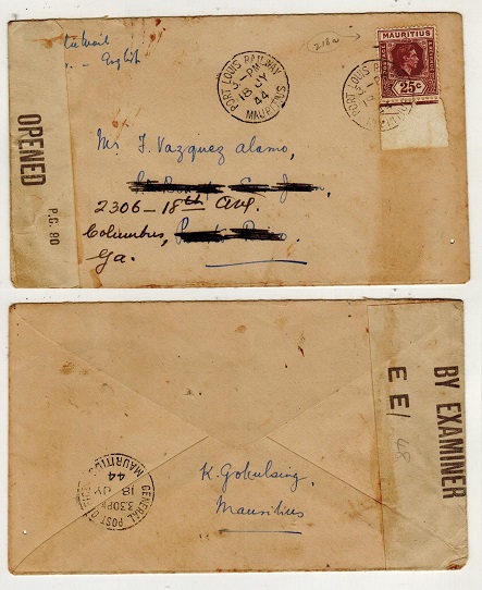 MAURITIUS - 1944 25c rate censored cover to USA used at PORT LOUIS RAILWAY.