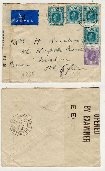 MAURITIUS - 1945 85c rate censored cover to South Africa used at CUREPIPE.