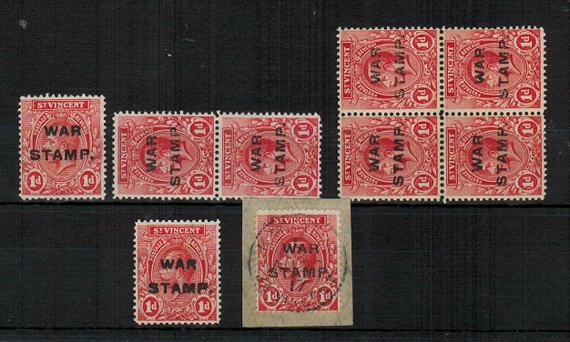 ST.VINCENT - 1916 1d carmine-red (4th setting) adhesive range.  SG 124.