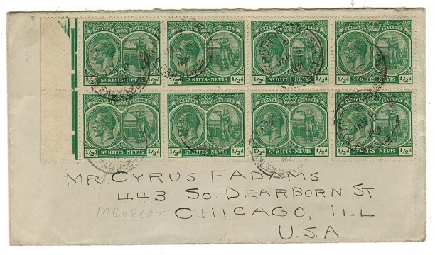 ST.KITTS - 1921 1/2d (x8) franked PAQUEBOT cover to USA.