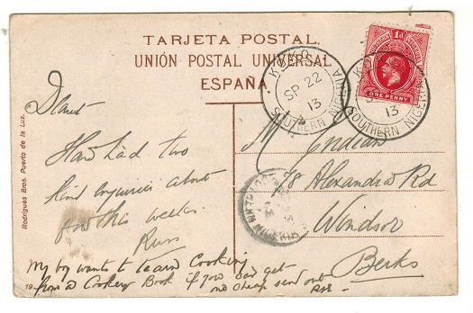 SOUTHERN NIGERIA - 1913 1d rate postcard use to UK used at KOKO.