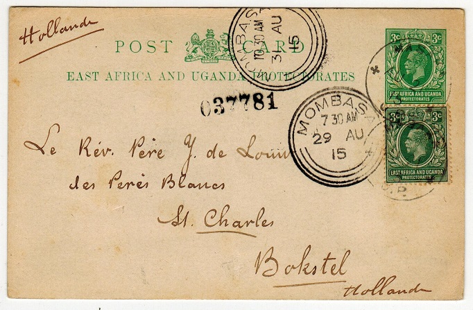 UGANDA - 1912 3c green PSC (crease) to Holland written at 