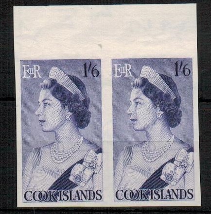 COOK ISLANDS - 1963 1/6d  IMPERFORATE PLATE PROOF (SG type 52) marginal pair on gummed paper.
