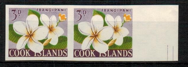 COOK ISLANDS - 1963 3d  IMPERFORATE PLATE PROOF marginal pair on gummed paper.
