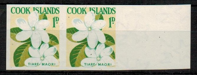 COOK ISLANDS - 1963 1d IMPERFORATE PLATE PROOF (SG type 45) marginal pair on gummed paper.
