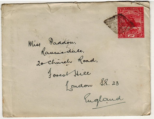 SUDAN - 1902 5m carmine PSE to UK cancelled by 