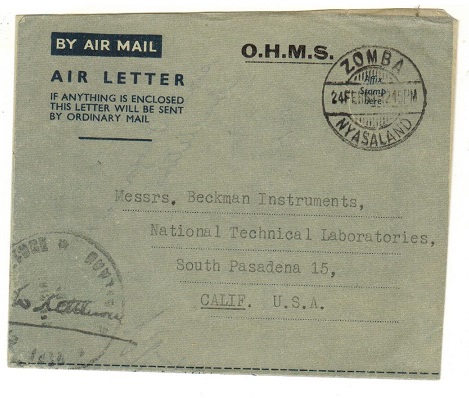NYASALAND - 1951 use of FORMULA air letter to USA from ZOMBA overprinted 
