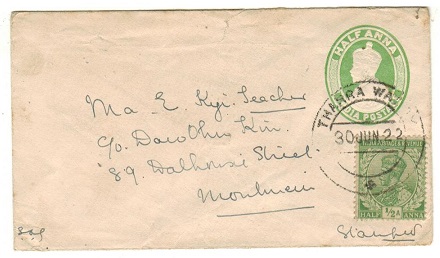 BURMA - 1922 use of Indian 1/2a PSE uprated locally and used at THARRAWADDY.