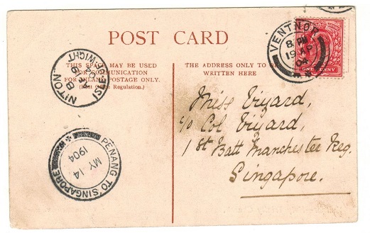 SINGAPORE - 1904 inward postcard from UK with 