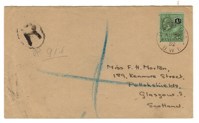 BARBUDA - 1932 use of Antigua 1/- used on registered cover to UK.