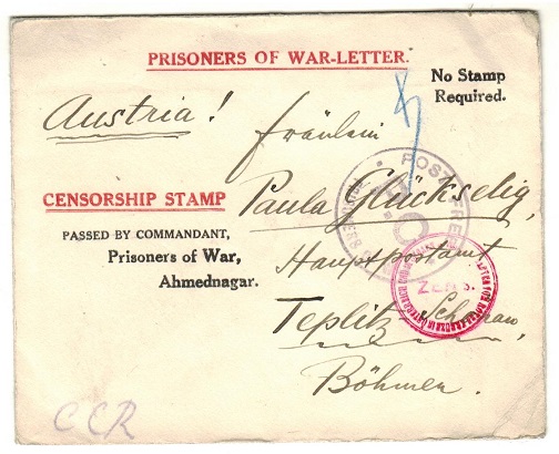 INDIA - 1916 (circa) PRISONER OF WAR LETTER envelope censored to Bohemia.
