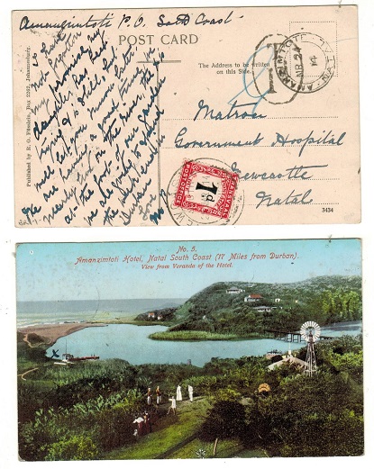 NATAL - 1914 local unpaid postcard from AMANZIMTOTI with Transvaal 1d 