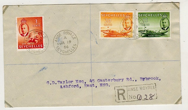 SEYCHELLES - 1954 38c rate registered cover to UK used at ANSE ROYALE.