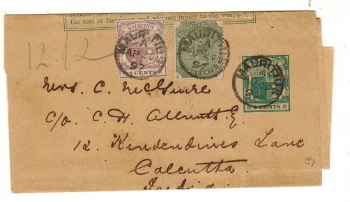 MAURITIUS - 1896 3c green postal stationery wrapper uprated to India.  H&G 1.