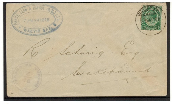 SOUTH WEST AFRICA - 1918 1/2d rate censored cover used at WALVIS BAY.
