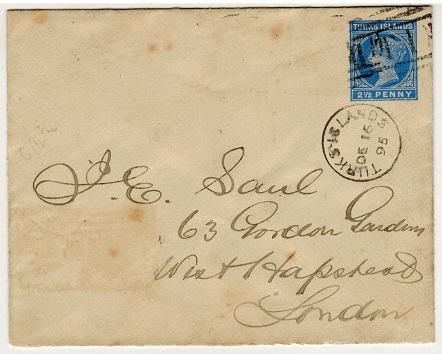 TURKS AND CAICOS IS - 1895 2 1/2d blue PSE to UK used at TURKS ISLANDS.  H&G 1.