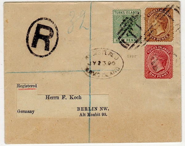 TURKS AND CAICOS IS - 1900 7 1/2d rate registered cover to Germany