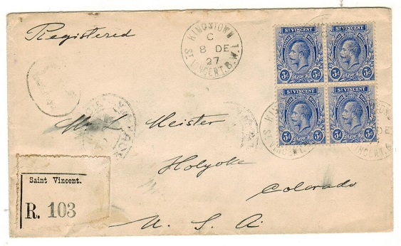 ST.VINCENT - 1927 1/- rate registered cover to USA used at KINGSTOWN.