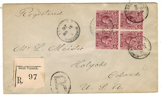 ST.VINCENT - 1926 2/- rate registered cover to USA used at KINGSTOWN.